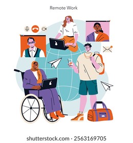 Remote Work concept. Diverse individuals connect globally through online platforms, embracing digital communication and flexible lifestyles. Inclusive teamwork, global network. Vector illustration.