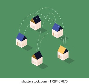 Remote work concept. Work from home. Connected/linked houses. Online communication from home. Smart city, suburban neighborhood network. Stock vector flat isometric infographic illustration EPS 10