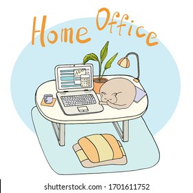 Remote work concept. Home office workplace with laptop, plant, mug of coffee and cat on table. Hand drawn cartoon vector illustration. Stay at home, quarantine and self-isolation time, freelance print