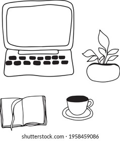 Remote work concept. Home office workplace with laptop, plant, mug of coffee. Hand drawn vector contour illustration. Stay at home, quarantine and self-isolation time, freelance print