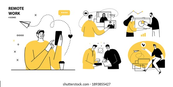 Remote Work concept illustrations. Collection of individual scenes at home office with men and women taking part in business activity. Outline vector illustration.