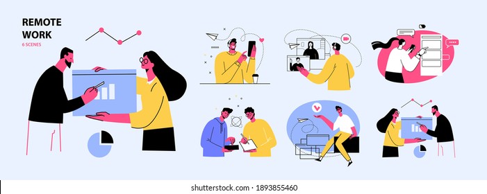 Remote Work concept illustrations. Collection of individual scenes at home office with men and women taking part in business activity. Outline vector illustration.