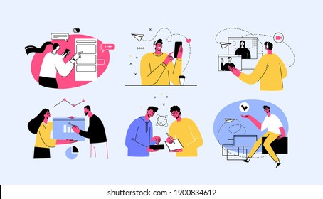 Remote Work concept illustrations. Collection of individual scenes at home office with men and women taking part in business activity. Outline vector illustration.