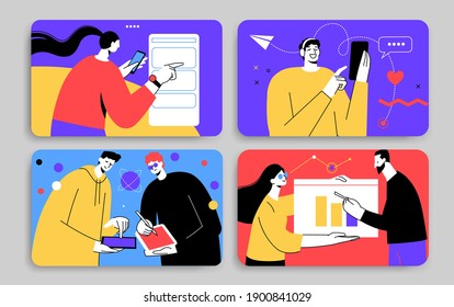 Remote Work concept illustrations. Collection of individual scenes at home office with men and women taking part in business activity. Outline vector illustration.