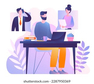 Remote work concept. Man sits at computer and communicates with colleagues via video call. Remote employee or freelancer. Earn money online and work from home. Cartoon flat vector illustration
