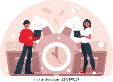 Remote work concept. Man and woman standing with laptops. Vector graphics