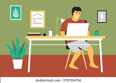 Remote work concept. Man works at the computer at home. Modern flat design concept of telecommuting. Bright vector illustration.