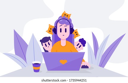 Remote work concept. Mother working at home with kids and pets. 