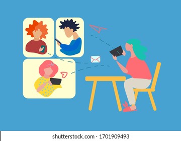 Remote work concept. Online meeting concept. Video conferencing software ad. Covid-19 quarantine concept. Women work from homes using video conferencing platform. Vector illustration in flat style