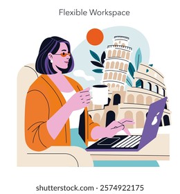 Remote Work concept. Professional woman working on a laptop with iconic landmarks, showcasing work flexibility. Blending travel and job duties. Vector illustration.