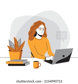 Concepto de trabajo remoto, ilustración vectorial. Niña sentada en una computadora, laptop. Formación en línea, conferencia, seminario web, cursos, lecciones, clases magistrales, vídeo de formación, trabajo, ventas y compras en línea, 