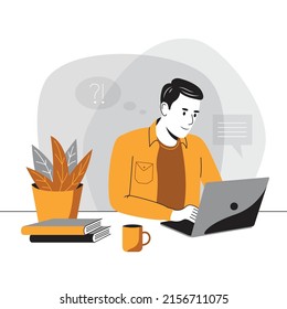 Concepto de trabajo remoto, ilustración vectorial. Hombre sentado en una computadora, laptop. Formación en línea, conferencia, seminario web, cursos, lecciones, clases magistrales, vídeo de formación, trabajo, ventas y compras en línea,