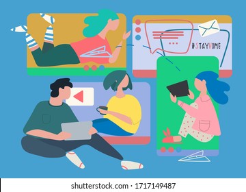 Remote work concept. Video conferencing software ad. Covid-19 quarantine concept. Stay Home motivational. People work from homes using video conferencing platform. Vector illustration in flat style