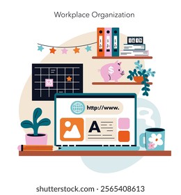 Remote Work concept. A well-organized home office setup with a calendar, folders, desk plant, and laptop on display. Vector illustration.