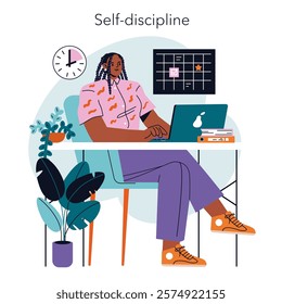 Remote Work concept. Woman at desk maintaining productivity with calendar and clock, emphasizing self-discipline. Home office routine. Vector illustration.