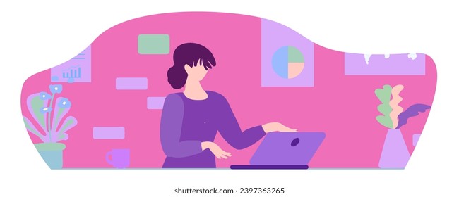 Remote work concept. A young girl works at a computer. Books, chart, potted plant, board, workplace. Vector illustration