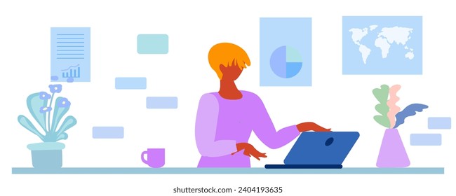 Remote work concept. A young girl works at a laptop. Books, chart, potted plant, board, workplace. Vector illustration