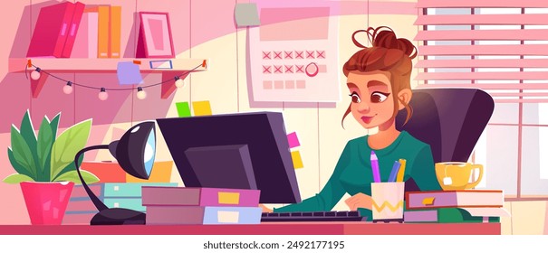 Remote work concept with young woman sitting at table with computer monitor in house room interior. Cartoon vector illustration of girl freelance worker or student. Home office of female employee.