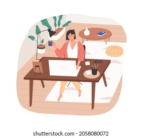 Trabajo remoto desde la acogedora oficina del hogar. Mujer trabajando en línea en un lugar de trabajo moderno con escritorio y laptop. Autónomo con taza de café en la mesa. Ilustración vectorial plana coloreada aislada en fondo blanco