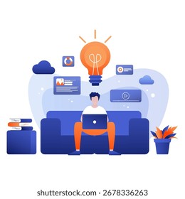 Trabalho remoto e conceito de ideia criativa - ilustração de vetor para escritório doméstico