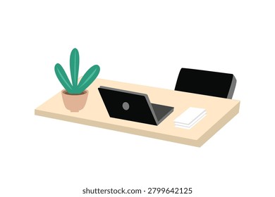 Remote Work Desk with Laptop. Home Office Setup. Freelance Home Office Workspace. Minimal Study Desk with Computer and Chair.
