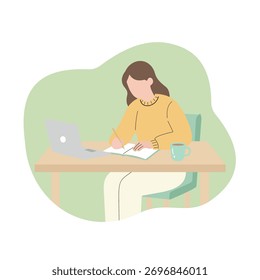 Configuración de escritorio de trabajo remoto (portátil, planta, café)