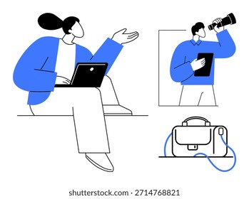 Remote work, digital collaboration, professional development, goal setting, project management, teamwork. Modern design of people using technology tools thumbs up laptops and tablets. Remote work