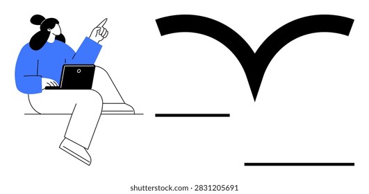 Remote work, digital learning, creativity, abstract symbols, modern minimalism, technology concepts. Woman pointing while working on a laptop. Remote work and digital learning