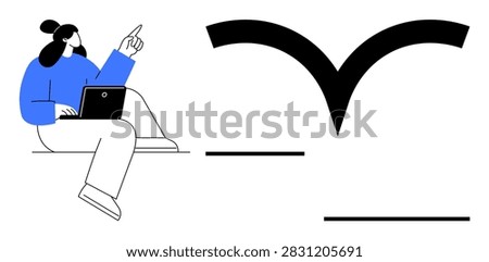 Remote work, digital learning, creativity, abstract symbols, modern minimalism, technology concepts. Woman pointing while working on a laptop. Remote work and digital learning