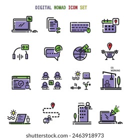 Remote work, digital nomad, work from Home lifestyle outline color collection icon set.