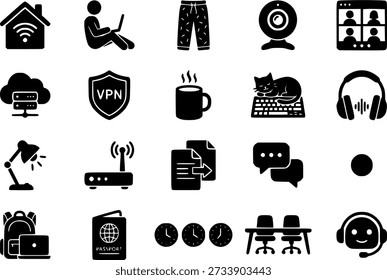 Remote Work and Digital Nomad Icons Set. Solid Black Vector Symbols for Home Office, Freelance Lifestyle, Telecommuting, and Online Meeting