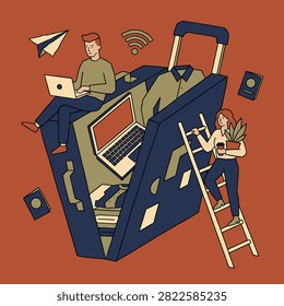 Remote Work Digital Nomad Travel Illustration with Laptop and Suitcase—Ideal for Business and Work From Anywhere Concept Design