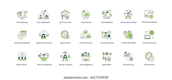 Remote Work and Digital Office Icon Set – Team Collaboration, Cloud Services, Cybersecurity, and Work-Life Integration. Editable Stroke.