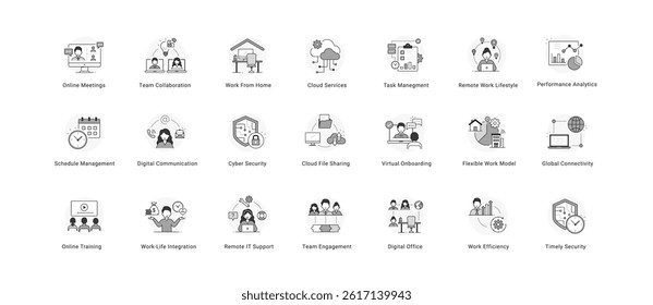 Remote Work and Digital Office Icon Set – Team Collaboration, Cloud Services, Cybersecurity, and Work-Life Integration. Editable Stroke.