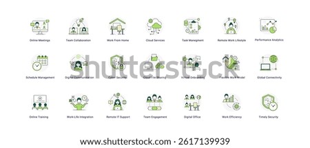 Remote Work and Digital Office Icon Set – Team Collaboration, Cloud Services, Cybersecurity, and Work-Life Integration. Editable Stroke.