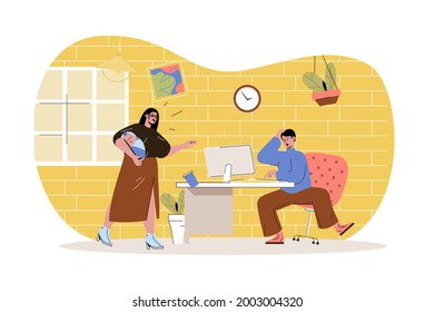 Remote work disadvantage web character concept. Male distant worker distracted by wife with baby, stress at work at home, isolated scene with persons. Vector illustration with people in flat design