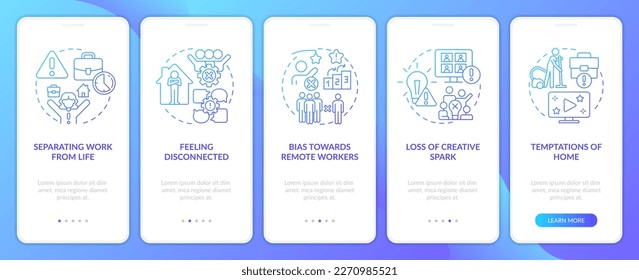 Remote work disadvantages blue gradient onboarding mobile app screen. Walkthrough 5 steps editable graphic instructions with linear concepts. UI, UX, GUI template. Myriad Pro-Bold, Regular fonts used
