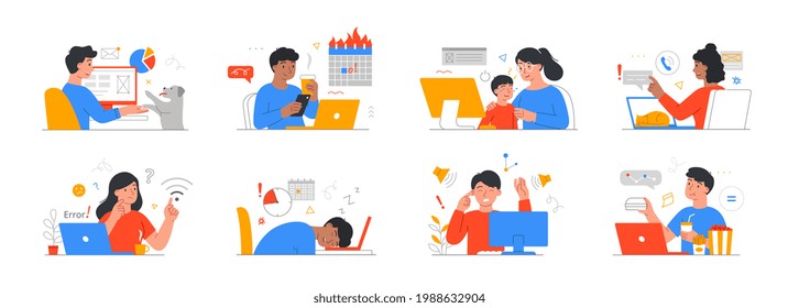 Remote work disadvantages concept. Home office problems. Procrastination, overeating, deadline missing. Freelancer is late for work, distracting kids and pets. Set of flat cartoon vector illustrations