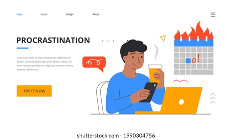 Remote work disadvantages concept. Home office problems. Procrastination, deadline missing. Flat cartoon vector illustration