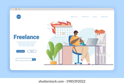 Remote work disadvantages concept. Problems of home office. Procrastination, deadline missing. Freelancer did not complete his job on time. Flat cartoon vector illustration