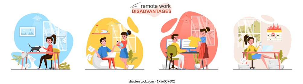 Remote work disadvantages concept scenes set. Employee distracted by child, family, pet, deadlines burning, problems. Collection of people activities. Vector illustration of characters in flat design