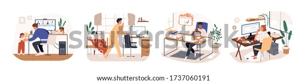 Remote work disadvantages. Home office problems.\
Stress eating, missing the deadline, procrastination. Freelancer is\
late for work, kid distracting father. Vector illustration in flat\
cartoon style