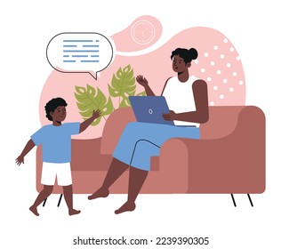 Remote work disadvantages. Little boy calls busy mom to play. Child distracts woman from work, order or project. Home office problems. Freelancing Difficulties. Cartoon flat vector illustration