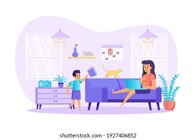 Remote work disadvantages scene. Mom works remotely on laptop, son distracts her. Stress at home office, deadline failure, work late concept. Vector illustration of people characters in flat design