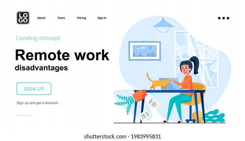 Remote work disadvantages web concept. Woman works at laptop and distracted by cat in home office. Template of people scenes. Vector illustration with character activities in flat design for website