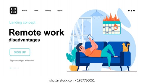 Remote work disadvantages web concept. Man procrastinates using smartphone and work deadline is on. Template of people scene. Vector illustration with character activities in flat design for website