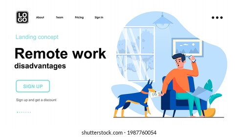 Remote work disadvantages web concept. Freelancer working on laptop, dog interferes and distracts. Template of people scene. Vector illustration with character activities in flat design for website