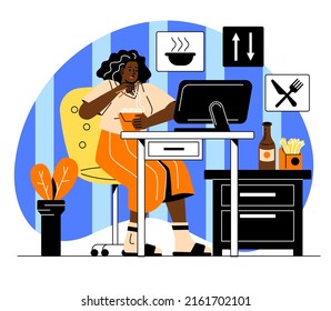 Remote Work Disadvantages. Woman Eats Fast Food And Watches TV Shows, Movies And Series At Night, Rest After Work And Wrong Mode Of Day. Sedentary Lifestyle Concept. Cartoon Flat Vector Illustration