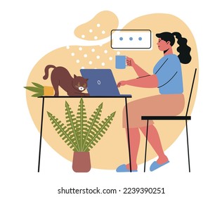 Remote work disadvantages. Young female freelancer drinks coffee, works on laptop and distracted by playing with cat or pet. Difficulties and problems of home office. Cartoon flat vector illustration