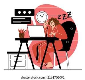 Remote work disadvantages. Young girl falls asleep at laptop, tired and overloading freelancer. Modern technologies and digital world. Lazy character at home. Cartoon flat vector illustration